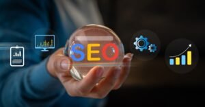 "SEO" is written in a glass bulb in someone's hand, along with small images of a desktop, tablet, and graphs going upwards which show SEO effects